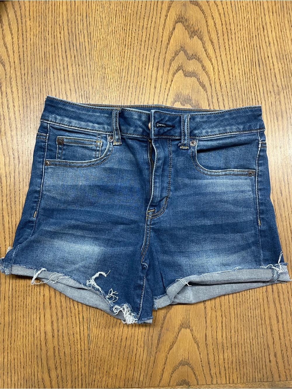 American Eagle Outfitters Blue Distressed Rolled-Hem Denim Shorts